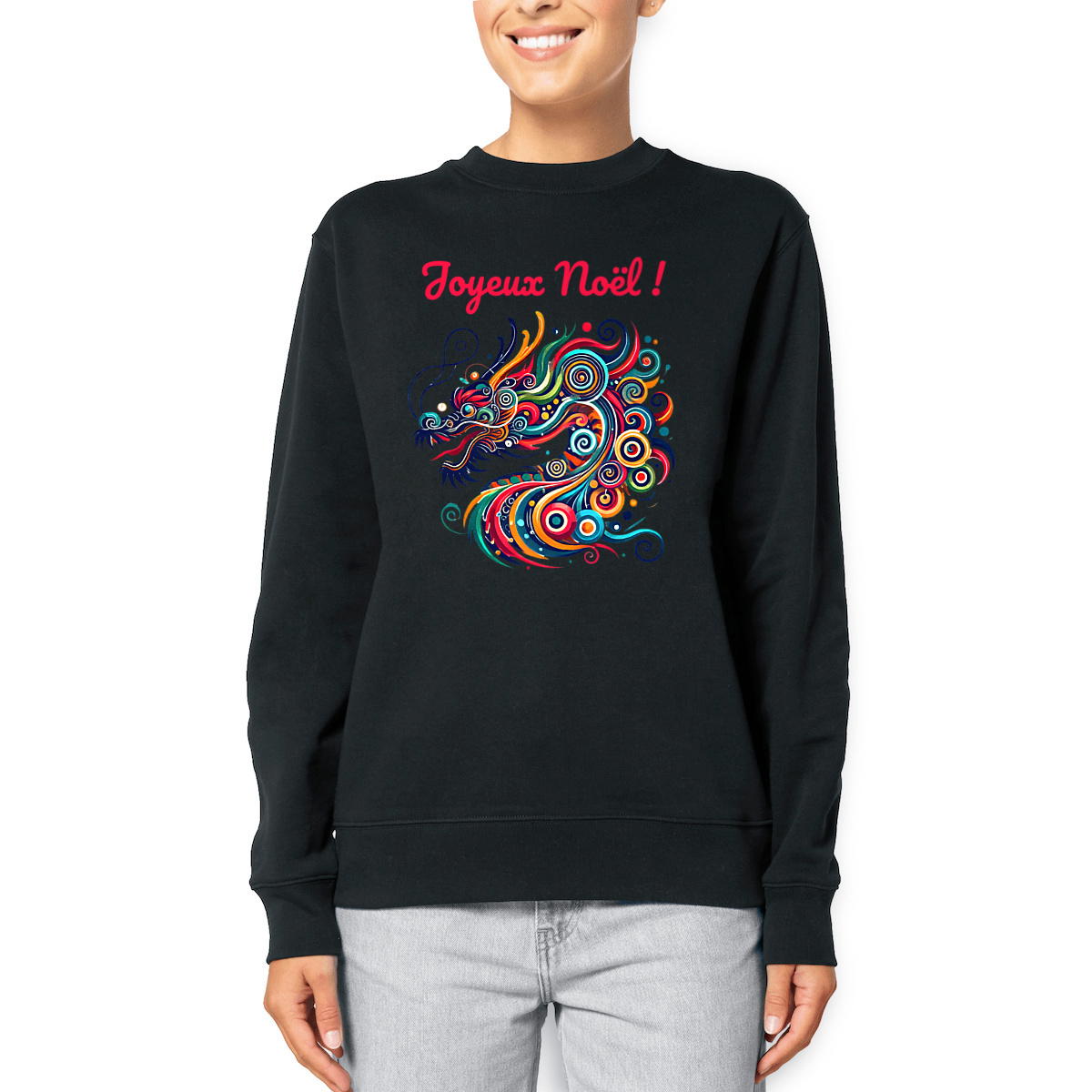 Image front Pull de noël bio et recyclé. Joyeux Noël de la part du dragon