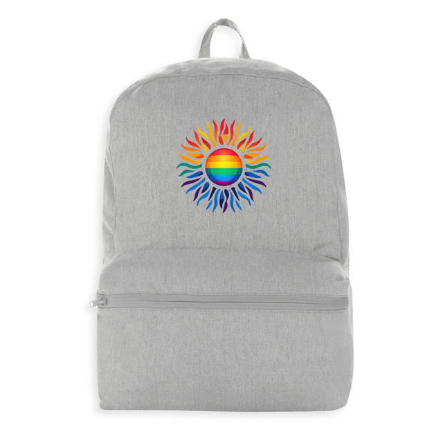 Image front Sac à dos éthique et écoresponsable en matières recyclées. Soleil aux couleurs LGBT imprimé en France