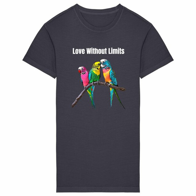 Image back Robe T-shirt Femme LGBT en coton biologique. Love Without Limits. 3 perruches imprimées