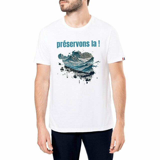 Image front T-shirt Homme Made in France en coton biologique. Slogan : Préservons la ! Image Montagne imprimée en France