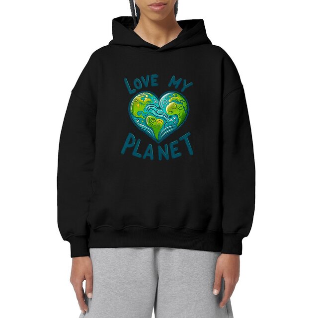 Image front Sweat à capuche Unisexe Oversized Végan. Love my planet