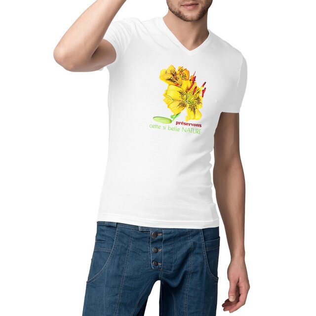 Image front T-shirt Homme Col V coton biologique. Préservons cette si belle nature