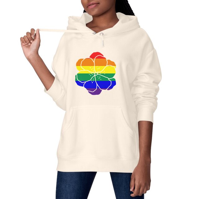 Image front Sweat à capuche végan unisexe coton bio et polyester recyclé. Fleurs LGBTQIA+ imprimée en France