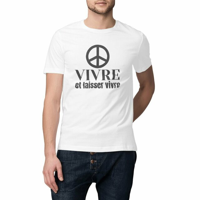 Image front T-shirt végan unisexe épais - Vivre et laisser vivre avec symbole peace and love