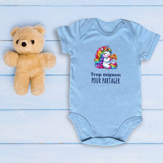 Image front Body bébé Licorne 100% coton biologique. Trop mignon pour partager
