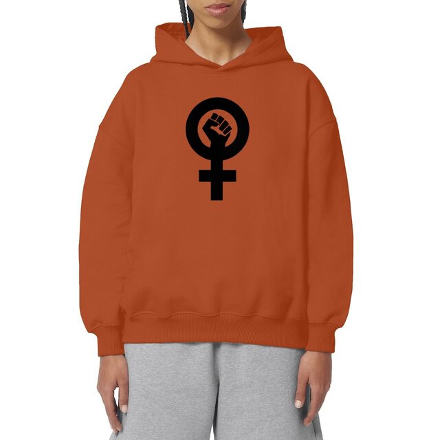 Image front Sweat à capuche végan unisexe oversized. Poing féministe imprimé en France