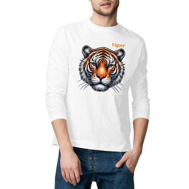 Image front T-shirt tigre homme classique manches longues. Coton bio