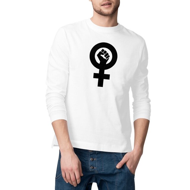 Image front T-shirt végan pour homme manches longues. Coton biologique. Poing féministe imprimé en France