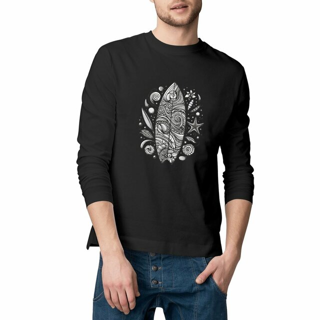 Image front T-shirt Bio homme manches longues. Planche de surf imprimée sur le devant