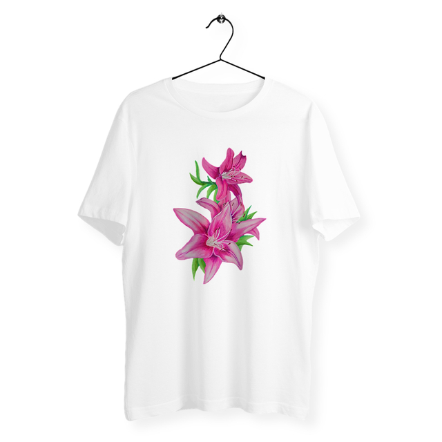 Image back T-shirt unisexe végan. Fleur lis safrance imprimée en France