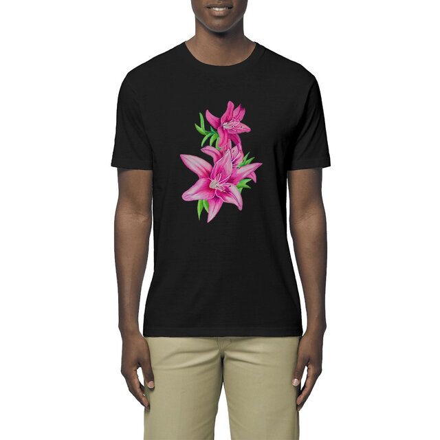 Image front T-shirt unisexe végan. Fleur lis safrance imprimée en France