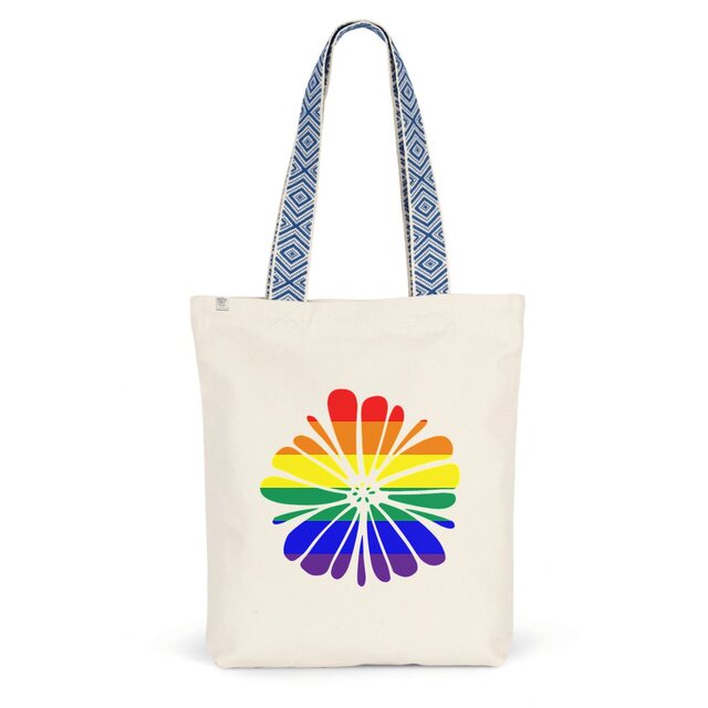 Image front Totebag ethnique en coton/polyester recyclé. Fleur LGBTQI+