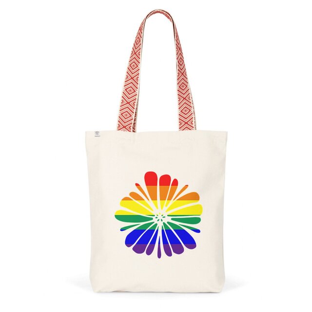 Image back Totebag ethnique en coton/polyester recyclé. Fleur LGBTQI+