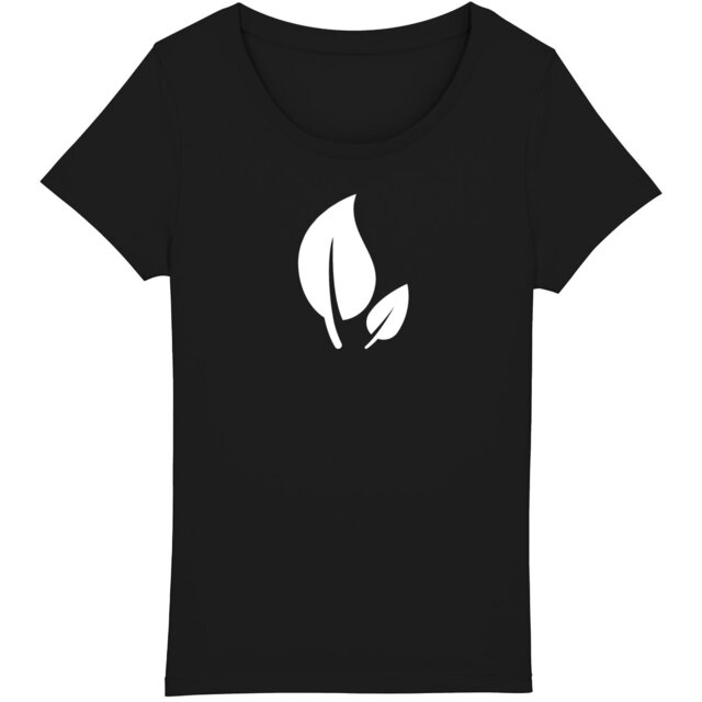 Image back T-shirt Femme 100% coton bio. Feuilles blanches imprimées