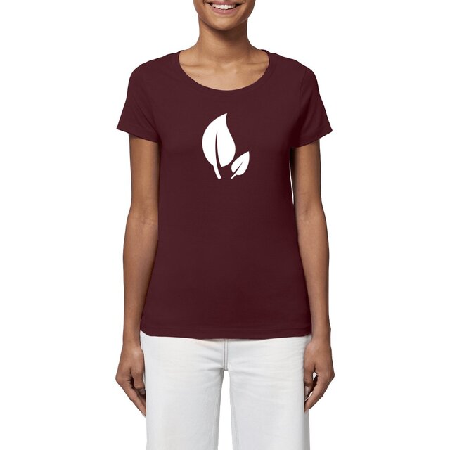 Image front T-shirt Femme 100% coton bio. Feuilles blanches imprimées