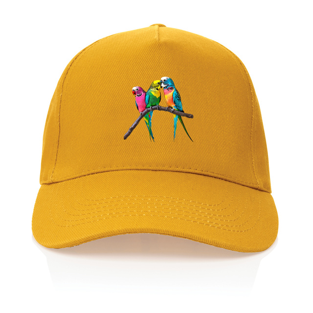 Image front Casquette en coton recyclé. 3 Perruches imprimées en France