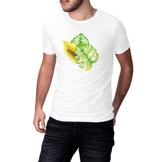 Image front T-shirt coton biologique épais. Unisexe. Fleur monstera deliciosa imprimée à la demande