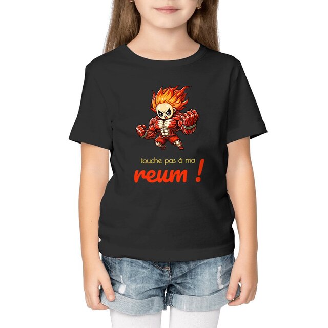 Image front T-shirt enfant bio, touche pas à ma reum !