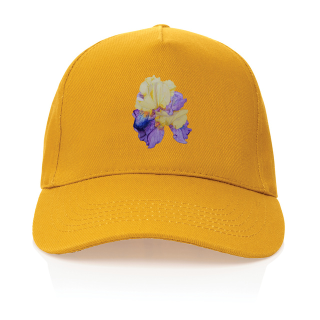 Image front Casquette 100% coton recyclé. Fleur Iris jaune, violet. Impression en France à la demande