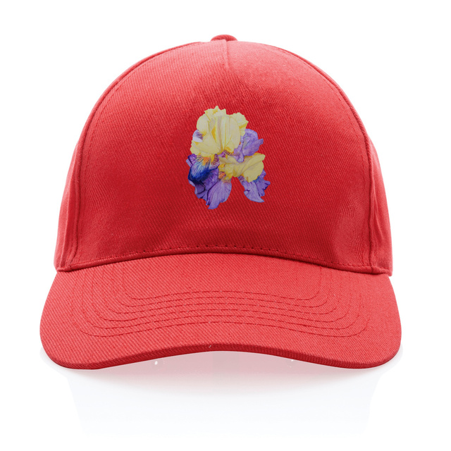 Image back Casquette 100% coton recyclé. Fleur Iris jaune, violet. Impression en France à la demande