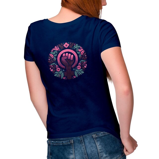 Image front T-shirt col V pour femme, poing féministe, girl power, disponible du XS au 2XL