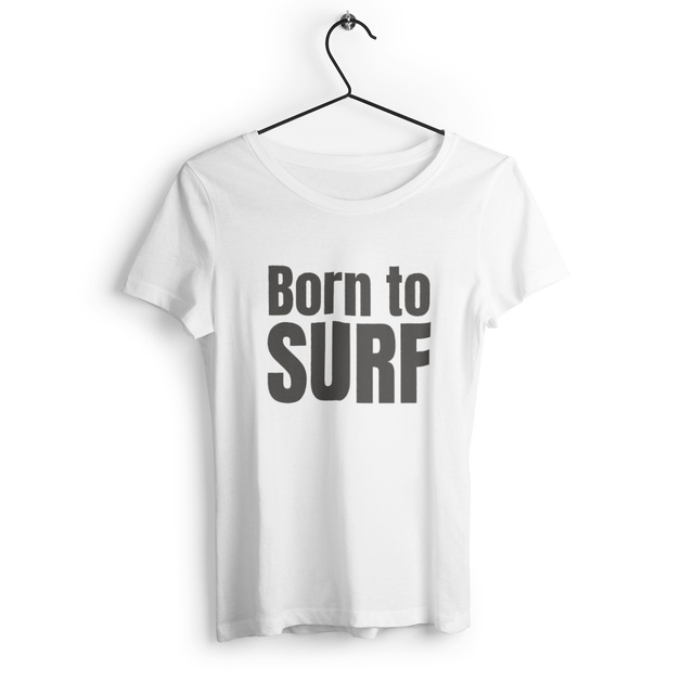 Image back T-shirt végan femme. Born to surf. Planche de surf imprimée au dos.