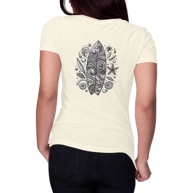 Image front T-shirt végan femme. Born to surf. Planche de surf imprimée au dos.