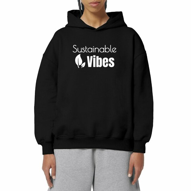 Image front Sweat à capuche végan unisexe oversized. Sustainable Vibes. Imprimé à la demande en France