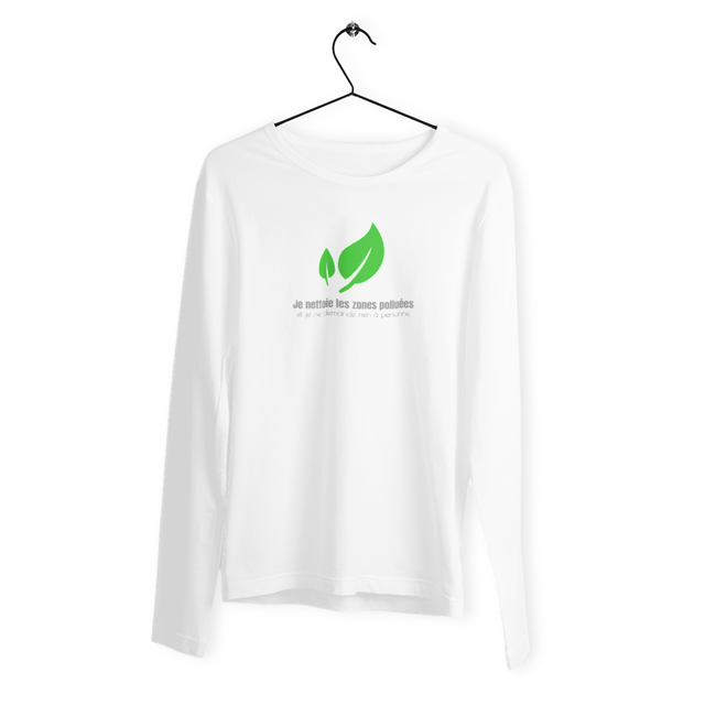 Image back T-shirt Homme manches longues en coton biologique. Je nettoie les zones polluées !