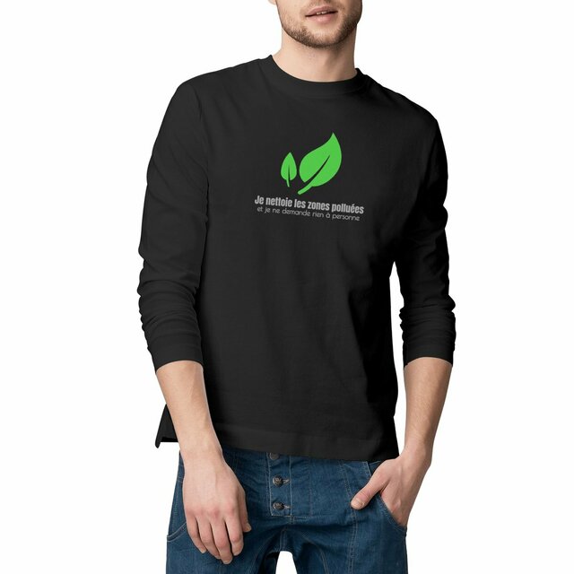Image front T-shirt Homme manches longues en coton biologique. Je nettoie les zones polluées !
