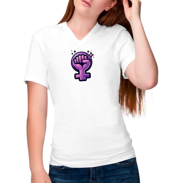 Image front T-shirt Femme Col V en coton bio - Poing féministe imprimé