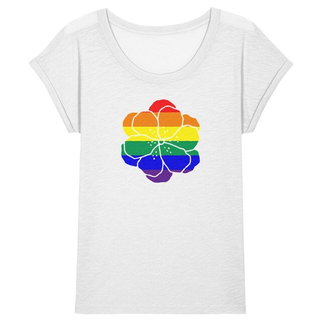 Image back T-shirt végan pour femme Slub - 100% coton biologique. Fleur LGBTQIA+ imprimée en France