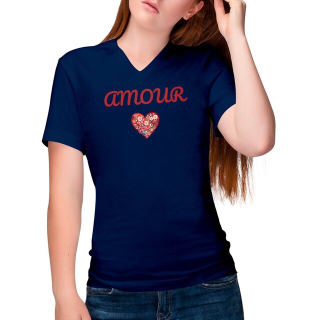 Image front T-shirt Femme Col V Coton bio - Amour, Cœur fleuri