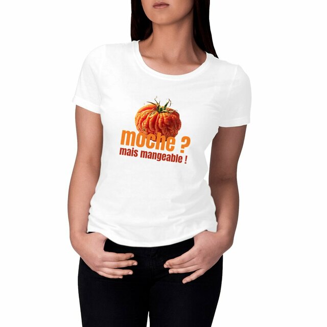 Image front T-shirt femme durable anti gaspillage. Tomate Moche ? Mais mangeable !