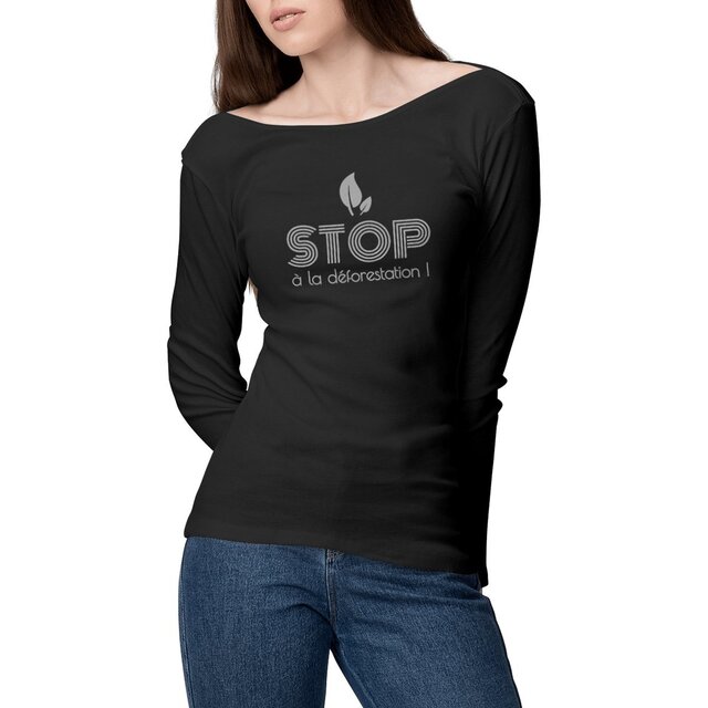 Image front T-shirt coton bio manches longues pour femme - Stop à la déforestation!