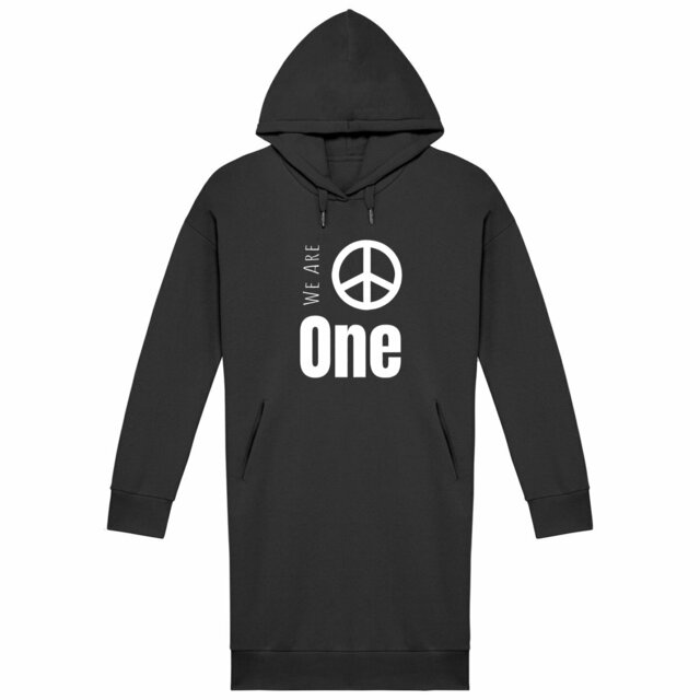 Image back Robe Sweat Capuche Femme 100% écoresponsable. We Are One + logo peace and love. La robe du vivre ensemble