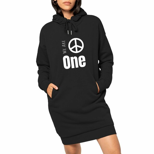 Image front Robe Sweat Capuche Femme 100% écoresponsable. We Are One + logo peace and love. La robe du vivre ensemble