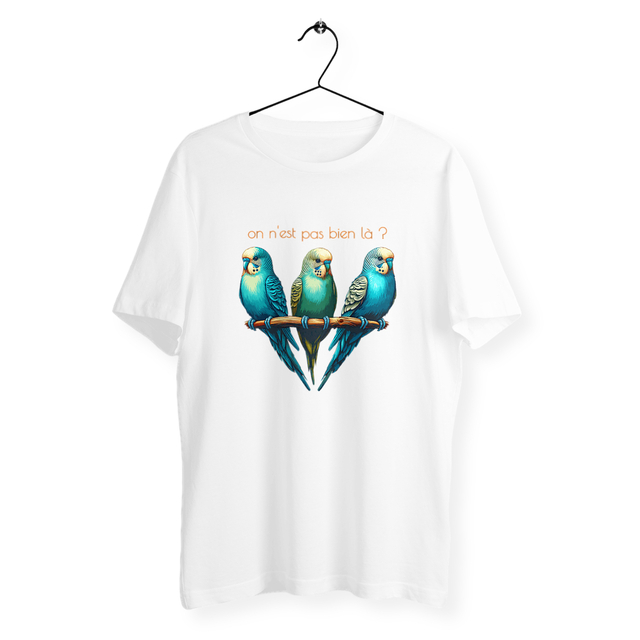 Image back T-shirt végan unisexe léger. On n'est pas bien là ? 3 perruches
