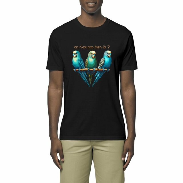 Image front T-shirt végan unisexe léger. On n'est pas bien là ? 3 perruches