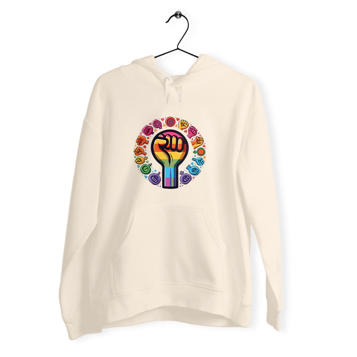 Image back Sweat à capuche féministe unisexe, poing féministe multicolore