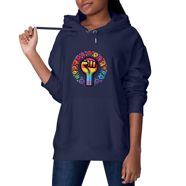 Image front Sweat à capuche féministe unisexe, poing féministe multicolore