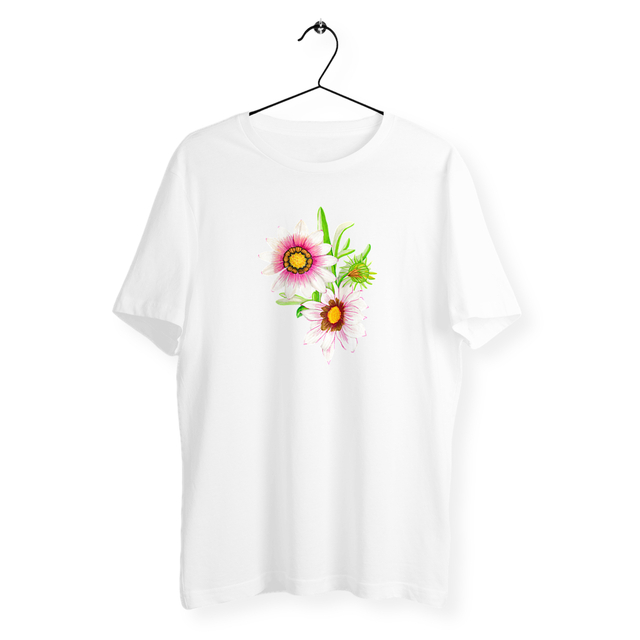 Image back T-shirt homme/femme léger 100% coton biologique. Jolie fleur Gazania imprimée