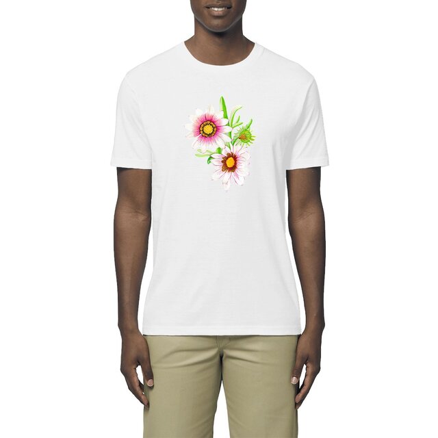 Image front T-shirt homme/femme léger 100% coton biologique. Jolie fleur Gazania imprimée
