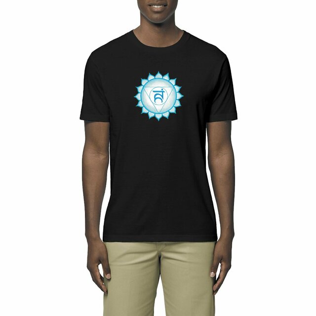 Image front T-shirt unisexe léger certifié végan. Chakra de la gorge. Imprimé France. Dessin à la main