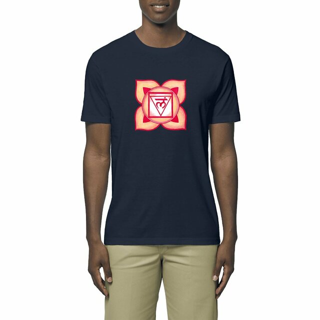 Image front T-shirt Chakra Racine unisexe. T-shirt coton bio imprimé à la demande. Dessin à la main.
