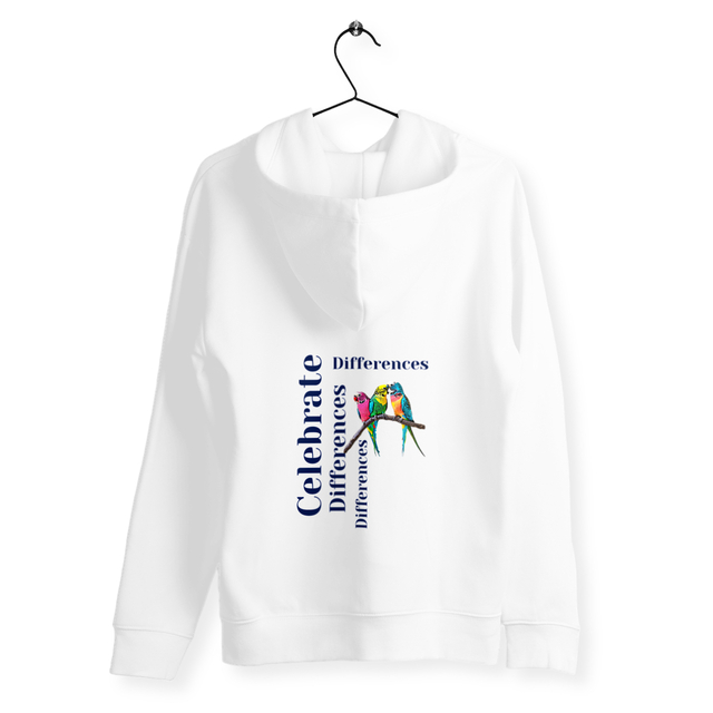 Image back Sweat à capuche blanc, végan et équitable. Celebrate Differences. Le sweat du vivre ensemble. Imprimé 3 perruches