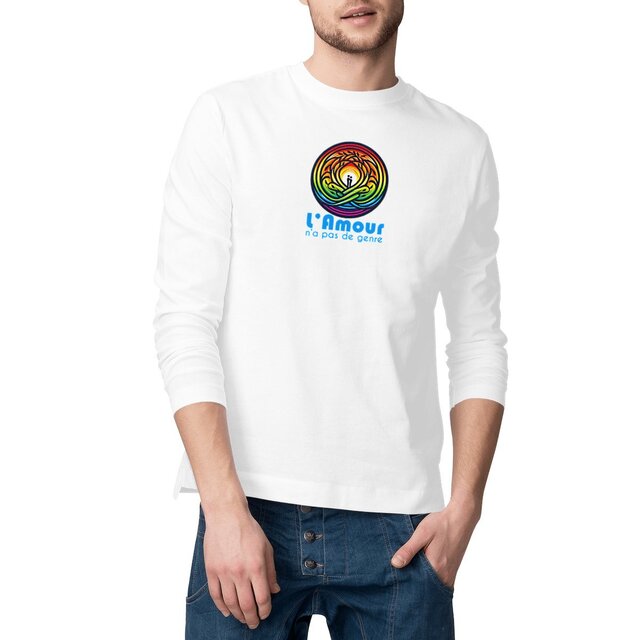Image front T-shirt végan homme manches longues en coton biologique. L'amour n'a pas de genre.