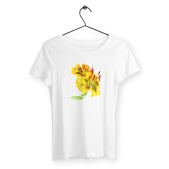 Image back T-shirt végan pour femme. Coton biologique. Fleur de lys imprimée