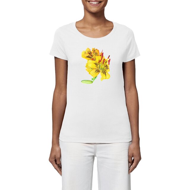 Image front T-shirt végan pour femme. Coton biologique. Fleur de lys imprimée