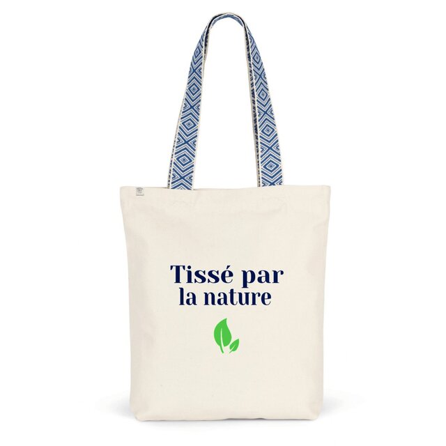 Image front Totebag ethnique en coton et polyester recyclé. Totebag végan